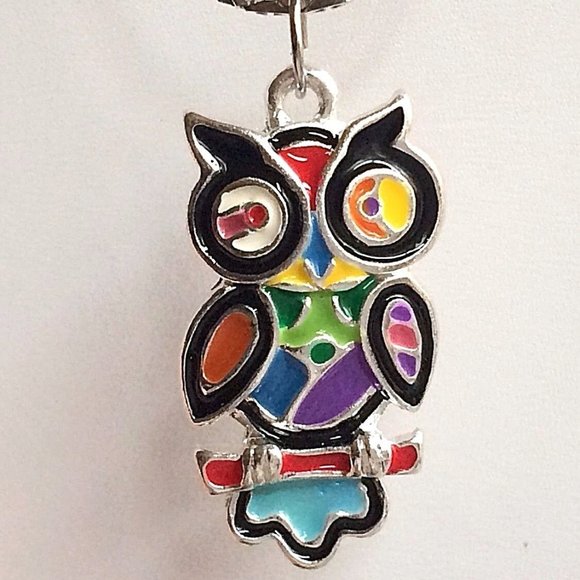 Owl Pendant Necklace Bird Multicolor Pop Aart Enamel Patchwork 19" Silver Plated - Picture 5 of 8